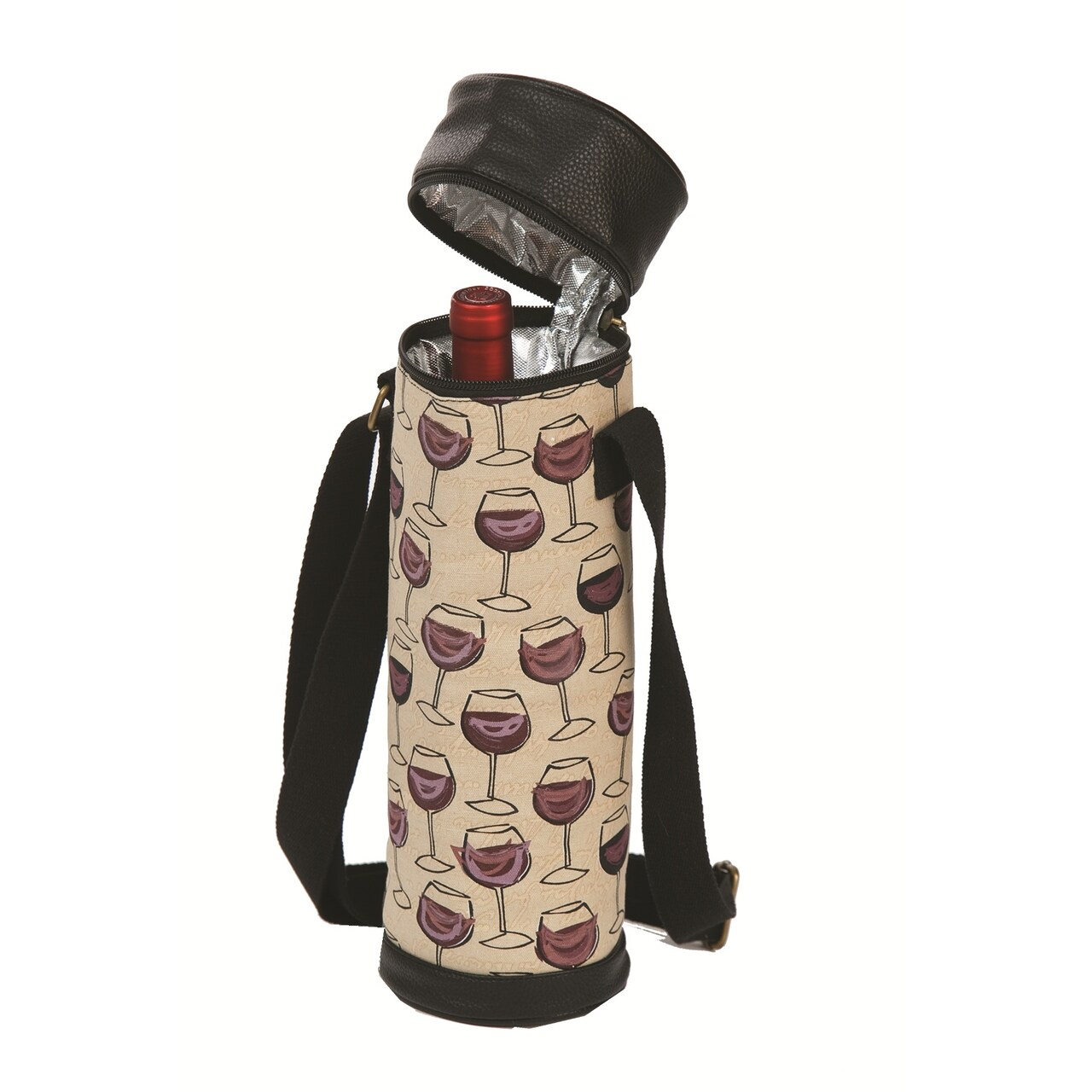 Picnic Plus 14.5” Brown and Beige Insulated Wine Glass Print Wine Bottle Tube Bag